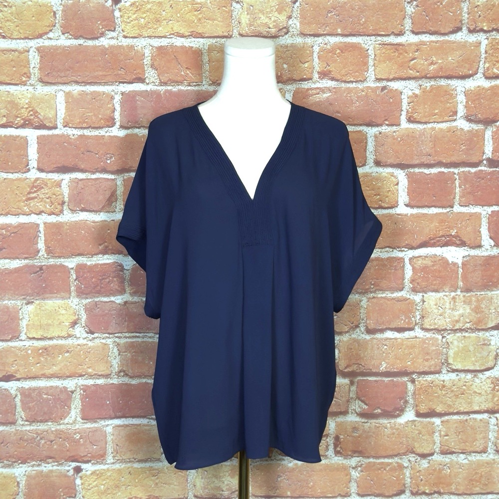 Lucky Brand Navy Blue V-Neck Sheer Blouse Women's XL Boho Career Top